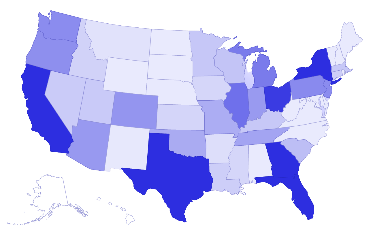 Map showing debt relief across the United States